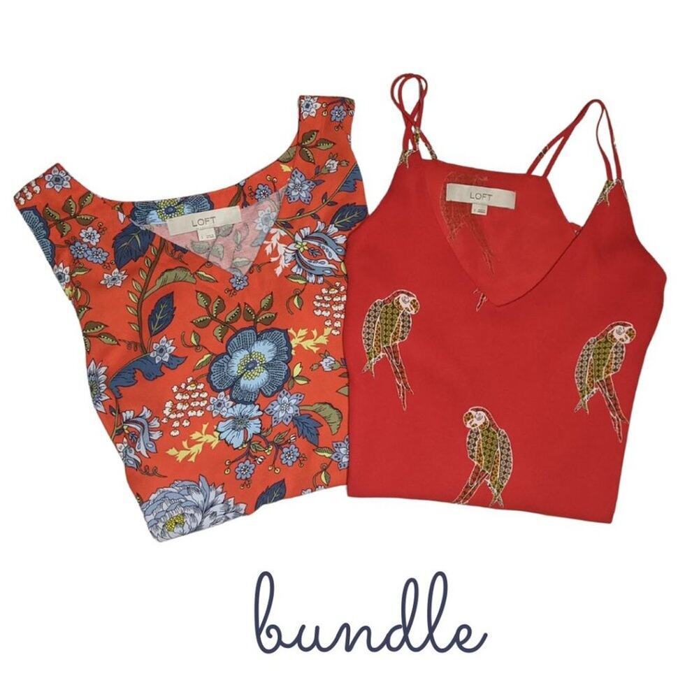 BUNDLE (2) Ann Taylor Floral Print Tank Top Sleeveless Blouse Red Flowy Small